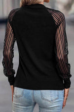 Load image into Gallery viewer, Black Striped Mesh Long Sleeve Crewneck Ribbed Top - Fashion Queen - 11
