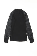 Load image into Gallery viewer, Black Striped Mesh Long Sleeve Crewneck Ribbed Top - Fashion Queen - 14