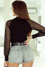 Load image into Gallery viewer, Black Striped Mesh Long Sleeve Crewneck Ribbed Top - Fashion Queen - 2