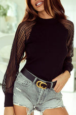 Load image into Gallery viewer, Black Striped Mesh Long Sleeve Crewneck Ribbed Top - Fashion Queen - 9