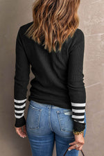 Load image into Gallery viewer, Black Striped Sleeve Plain Knit Sweater - Fashion Queen - 2