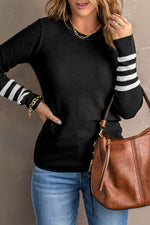 Load image into Gallery viewer, Black Striped Sleeve Plain Knit Sweater - Fashion Queen - 3
