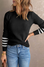 Load image into Gallery viewer, Black Striped Sleeve Plain Knit Sweater - Fashion Queen - 4