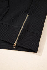 Load image into Gallery viewer, Black Textured Half Zip Kangaroo Pocket Top Drawstring Shorts Set - Fashion Queen - 11