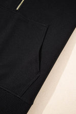 Load image into Gallery viewer, Black Textured Half Zip Kangaroo Pocket Top Drawstring Shorts Set - Fashion Queen - 13