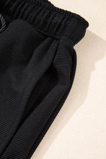 Load image into Gallery viewer, Black Textured Half Zip Kangaroo Pocket Top Drawstring Shorts Set - Fashion Queen - 16