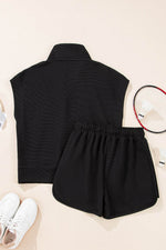 Load image into Gallery viewer, Black Textured Half Zip Kangaroo Pocket Top Drawstring Shorts Set - Fashion Queen - 5