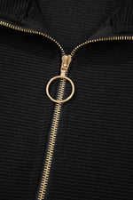 Load image into Gallery viewer, Black Textured Half Zip Kangaroo Pocket Top Drawstring Shorts Set - Fashion Queen - 9