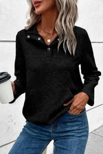 Load image into Gallery viewer, Black Textured Knit Buttoned Kangaroo Pocket Sweatshirt - Fashion Queen -  1
