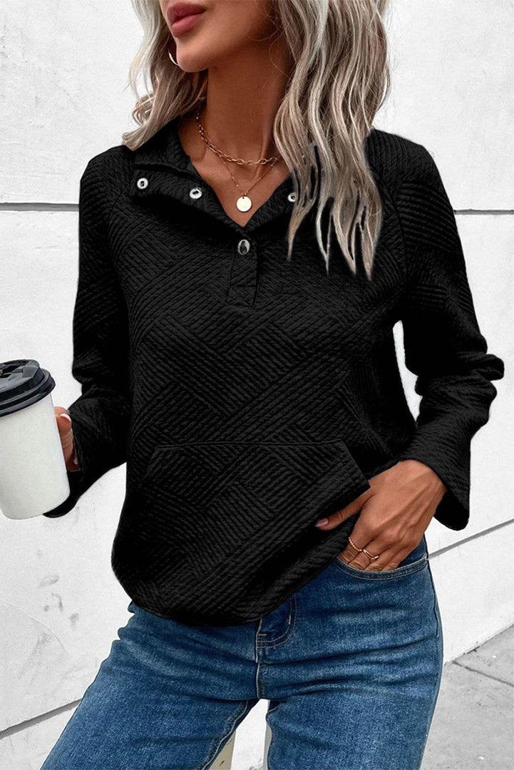 Black Textured Knit Buttoned Kangaroo Pocket Sweatshirt - Fashion Queen -  1