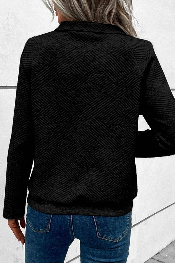 Black Textured Knit Buttoned Kangaroo Pocket Sweatshirt - Fashion Queen -  2