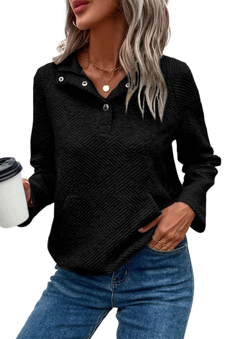 Black Textured Knit Buttoned Kangaroo Pocket Sweatshirt - Fashion Queen -  3