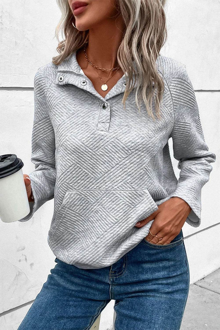 Black Textured Knit Buttoned Kangaroo Pocket Sweatshirt - Fashion Queen -  4