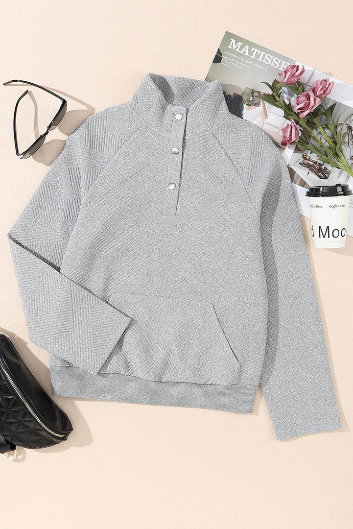 Black Textured Knit Buttoned Kangaroo Pocket Sweatshirt - Fashion Queen -  6