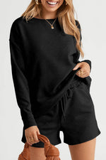 Load image into Gallery viewer, Black Textured Long Sleeve Top and Drawstring Shorts Set - Fashion Queen - 1