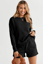 Load image into Gallery viewer, Black Textured Long Sleeve Top and Drawstring Shorts Set - Fashion Queen - 16