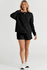 Load image into Gallery viewer, Black Textured Long Sleeve Top and Drawstring Shorts Set - Fashion Queen - 17