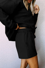 Load image into Gallery viewer, Black Textured Long Sleeve Top and Drawstring Shorts Set - Fashion Queen - 19