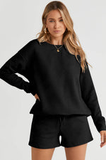 Load image into Gallery viewer, Black Textured Long Sleeve Top and Drawstring Shorts Set - Fashion Queen - 3