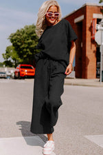 Load image into Gallery viewer, Black Textured Loose Fit T Shirt and Drawstring Pants Set - Fashion Queen - 25