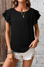 Load image into Gallery viewer, Black Textured Ruffled Sleeve Round Neck Top - Fashion Queen - 3