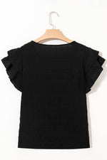 Load image into Gallery viewer, Black Textured Ruffled Sleeve Round Neck Top - Fashion Queen - 5