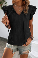 Load image into Gallery viewer, Black Textured Ruffled Sleeve V Neck Top - Fashion Queen - 1
