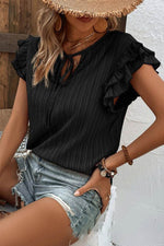 Load image into Gallery viewer, Black Textured Ruffled Sleeve V Neck Top - Fashion Queen - 2