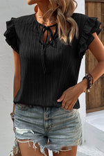 Load image into Gallery viewer, Black Textured Ruffled Sleeve V Neck Top - Fashion Queen - 3