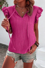 Load image into Gallery viewer, Black Textured Ruffled Sleeve V Neck Top - Fashion Queen - 4