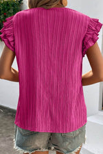 Load image into Gallery viewer, Black Textured Ruffled Sleeve V Neck Top - Fashion Queen - 5