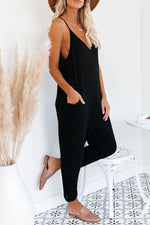 Load image into Gallery viewer, Black Textured Sleeveless V-Neck Pocketed Casual Jumpsuit - Fashion Queen - 11