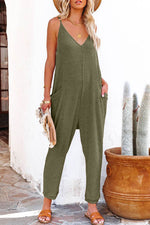 Load image into Gallery viewer, Black Textured Sleeveless V-Neck Pocketed Casual Jumpsuit - Fashion Queen - 4