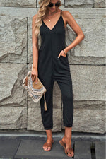 Load image into Gallery viewer, Black Textured Sleeveless V-Neck Pocketed Casual Jumpsuit - Fashion Queen - 8