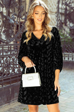 Load image into Gallery viewer, Black Textured V Neck Balloon Sleeve Velvet Mini Dress - Fashion Queen - 4