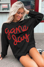 Load image into Gallery viewer, Black Tinsel Game Day Drop Shoulder Graphic Sweatshirt - Fashion Queen - 18