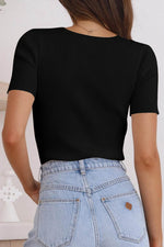 Load image into Gallery viewer, Black V Neck Ribbed Knit Lightweight Short Sleeve Sweater - Fashion Queen - 10