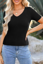 Load image into Gallery viewer, Black V Neck Ribbed Knit Lightweight Short Sleeve Sweater - Fashion Queen - 11