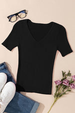 Load image into Gallery viewer, Black V Neck Ribbed Knit Lightweight Short Sleeve Sweater - Fashion Queen - 12