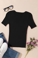 Load image into Gallery viewer, Black V Neck Ribbed Knit Lightweight Short Sleeve Sweater - Fashion Queen - 13