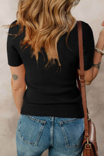 Load image into Gallery viewer, Black V Neck Ribbed Knit Lightweight Short Sleeve Sweater - Fashion Queen - 2