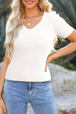 Load image into Gallery viewer, Black V Neck Ribbed Knit Lightweight Short Sleeve Sweater - Fashion Queen - 24