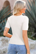 Load image into Gallery viewer, Black V Neck Ribbed Knit Lightweight Short Sleeve Sweater - Fashion Queen - 25