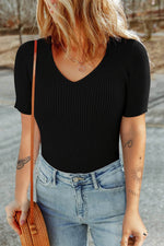 Load image into Gallery viewer, Black V Neck Ribbed Knit Lightweight Short Sleeve Sweater - Fashion Queen - 3