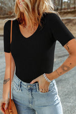 Load image into Gallery viewer, Black V Neck Ribbed Knit Lightweight Short Sleeve Sweater - Fashion Queen - 4