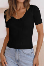 Load image into Gallery viewer, Black V Neck Ribbed Knit Lightweight Short Sleeve Sweater - Fashion Queen - 9