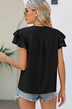 Load image into Gallery viewer, Black V Neck Ruffle Short Sleeve Blouse - Fashion Queen - 2