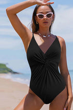 Load image into Gallery viewer, Black V Neck Twist Ruched Crisscross Backless One-Piece Swimsuit - Fashion Queen - 4