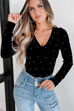 Load image into Gallery viewer, Black Velvet Beaded Long Sleeve V Neck Bodysuit - Fashion Queen - 11