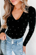 Load image into Gallery viewer, Black Velvet Beaded Long Sleeve V Neck Bodysuit - Fashion Queen - 13
